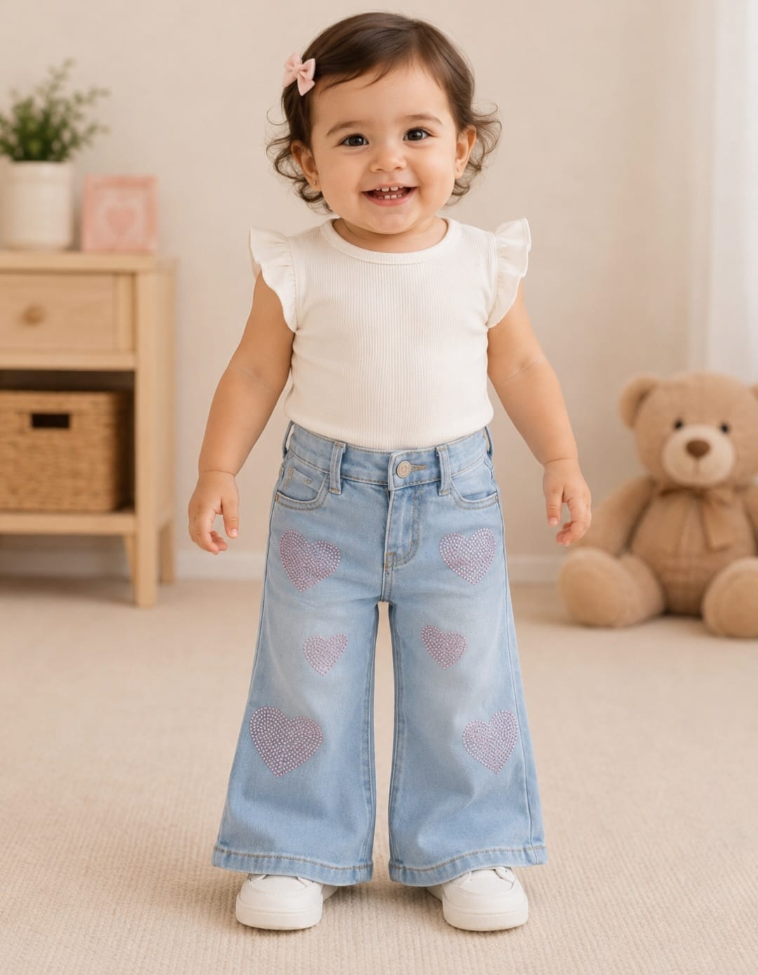 Pantalón de Mezclilla para Bebé Corte Ancho con Corazones de Pedrería