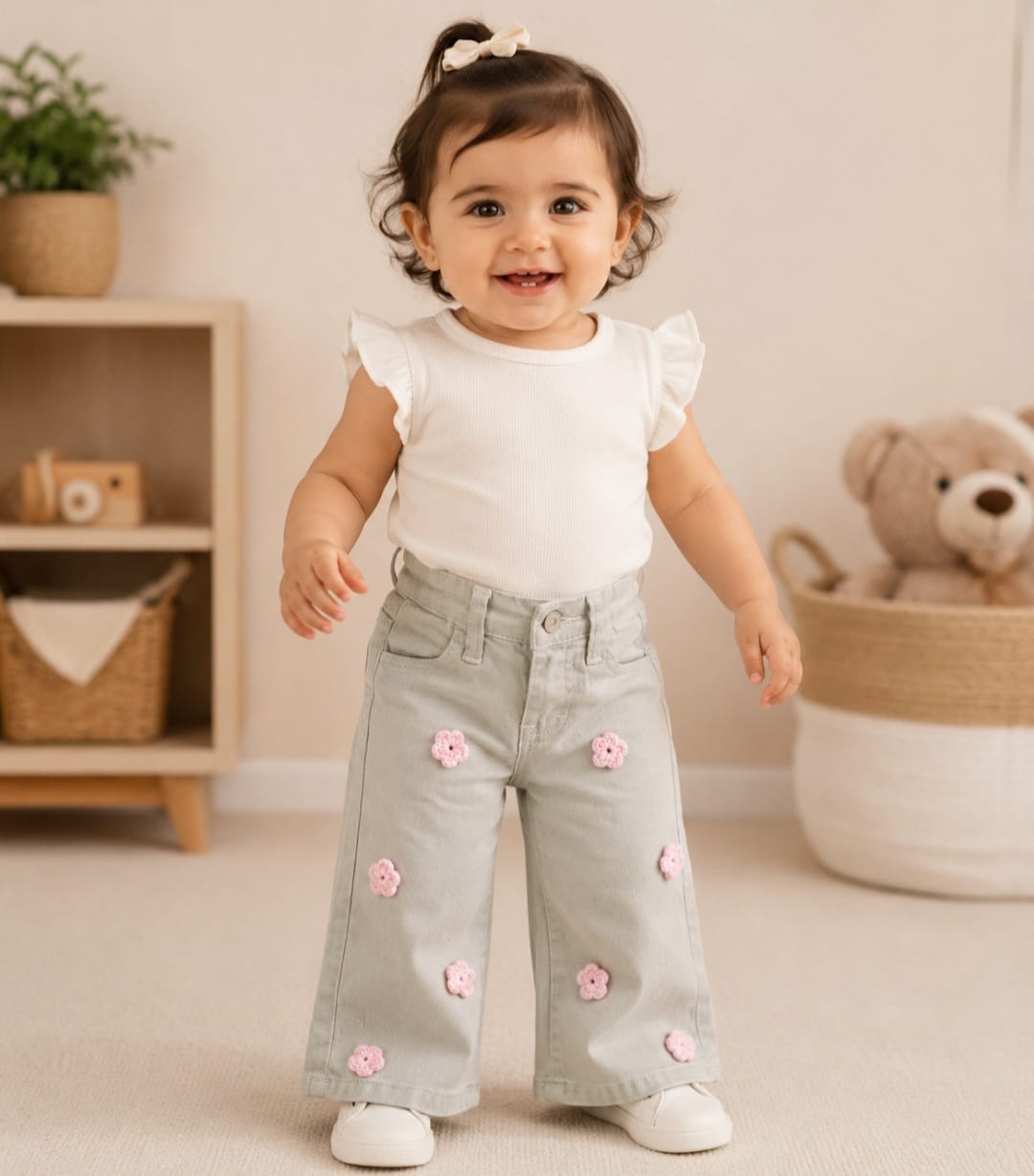 Pantalón Wide Leg para Bebé Niña con Flores Tejidas 3D | Mezclilla Suave y Cómoda