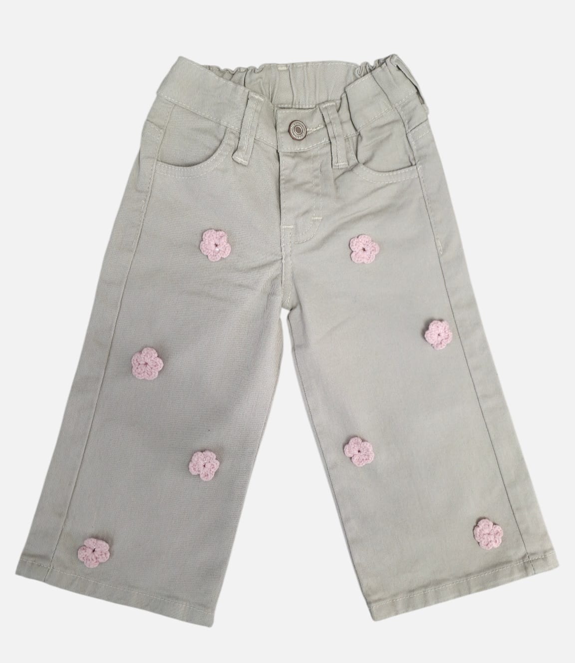 Pantalón Wide Leg para Bebé Niña con Flores Tejidas 3D | Mezclilla Suave y Cómoda