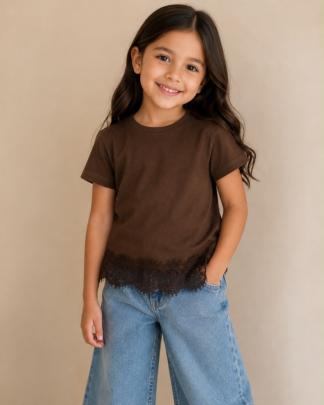 Playera para Niña con Encaje | Blusa Básica Manga Corta | Algodón Suave