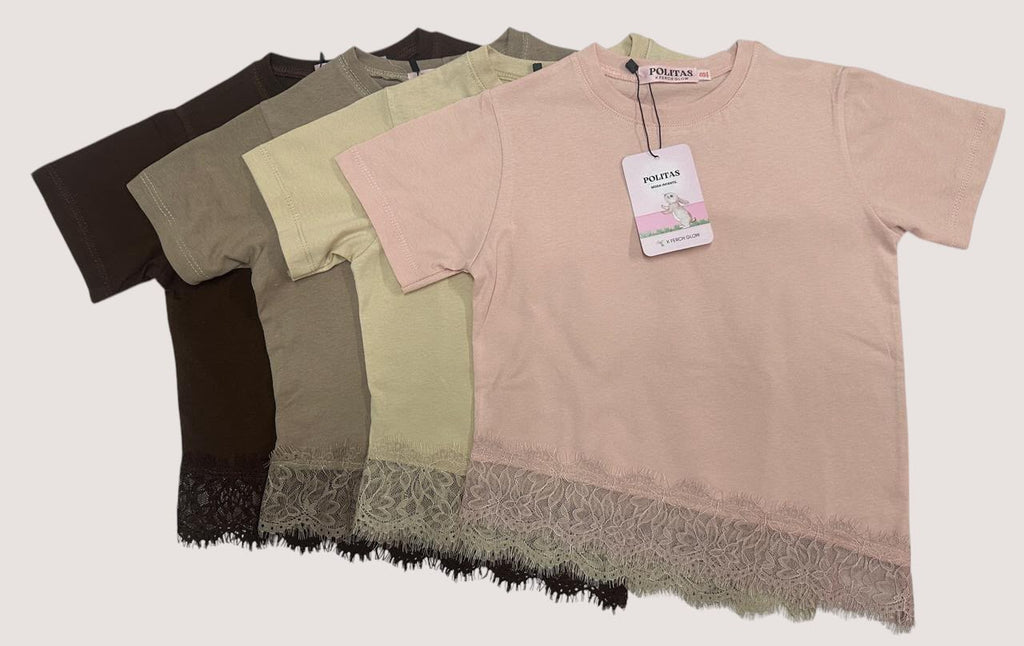 Playera para Niña con Encaje | Blusa Básica Manga Corta | Algodón Suave