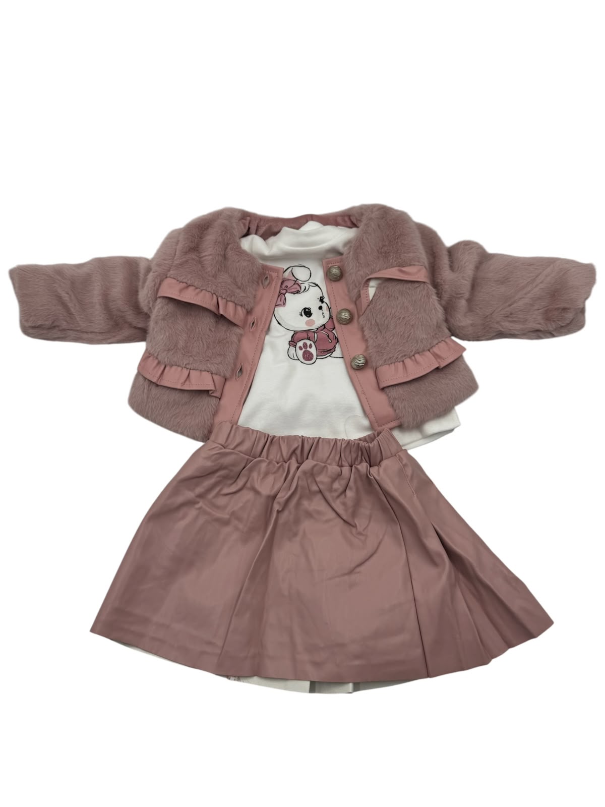 ✨ Conjunto para Niña 3 Piezas | Chamarra Afelpada + Playera + Falda de Piel |