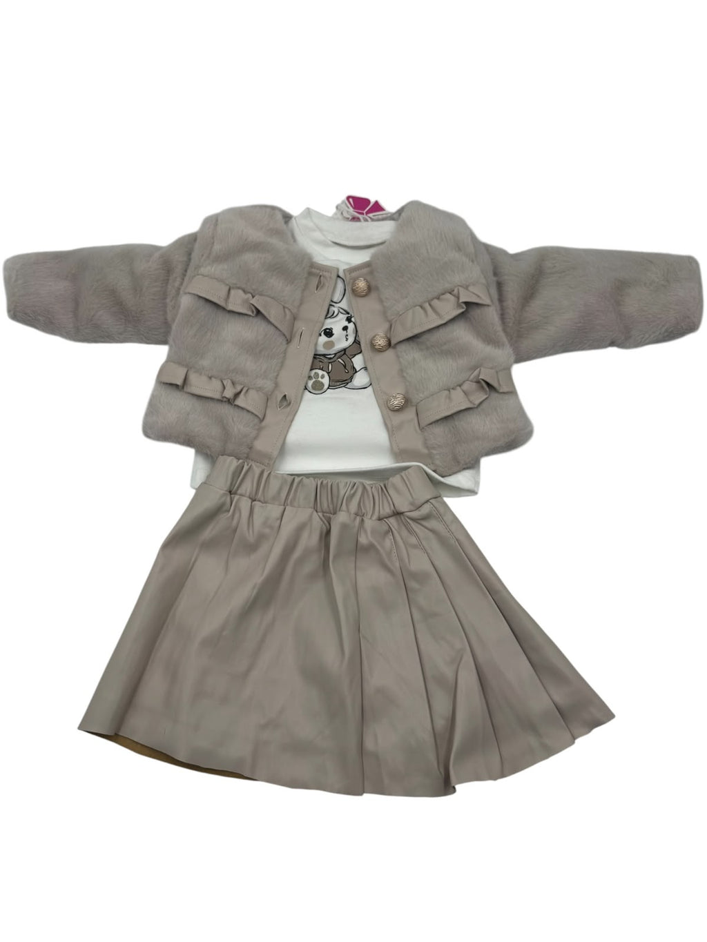 ✨ Conjunto para Niña 3 Piezas | Chamarra Afelpada + Playera + Falda de Piel |