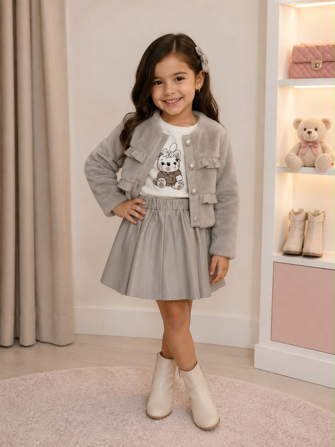 ✨ Conjunto para Niña 3 Piezas | Chamarra Afelpada + Playera + Falda de Piel |