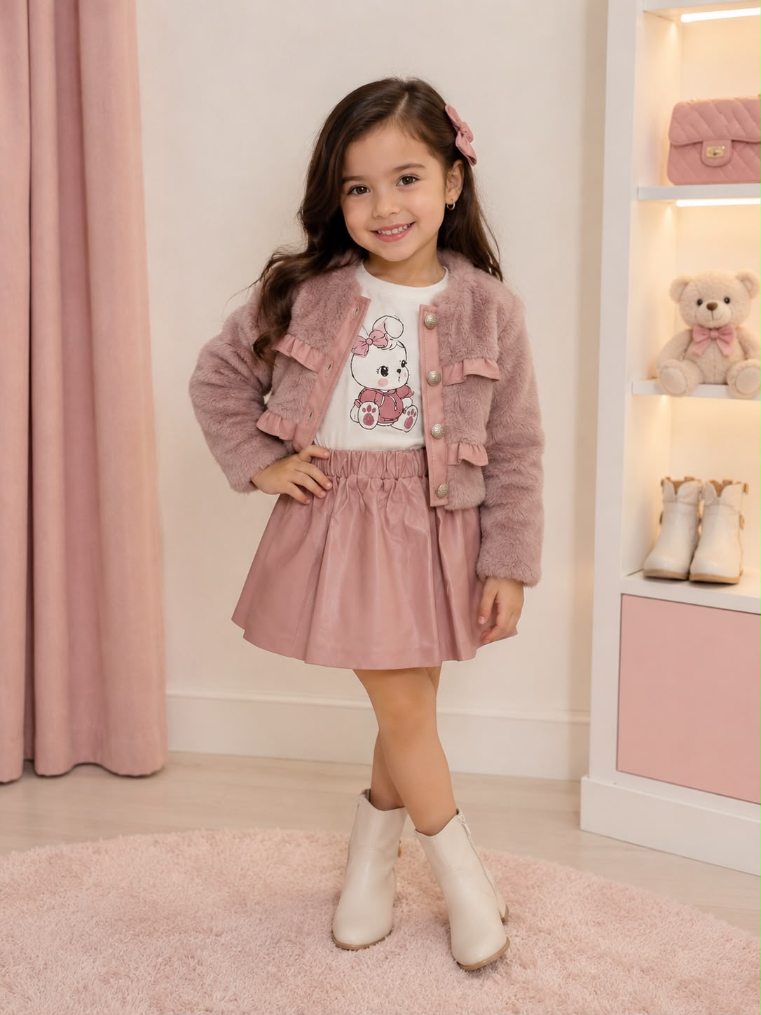 ✨ Conjunto para Niña 3 Piezas | Chamarra Afelpada + Playera + Falda de Piel |