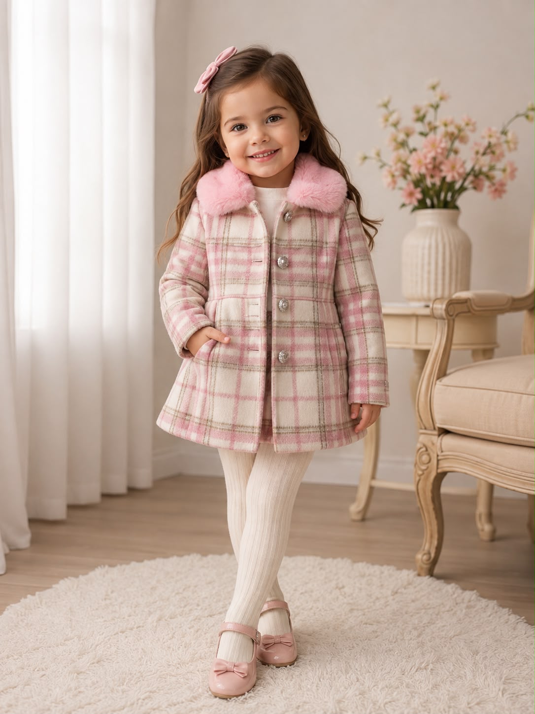 🩷 Abrigo Cuadros para Niña con Cuello de Peluche | Elegante, Cálido y Súper Bonito ❄️✨