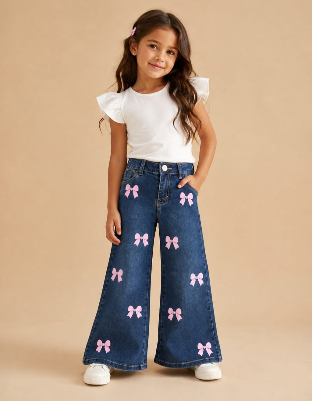✨ Pantalón Wide Leg para Niña con Moños Rosa | Jeans de Mezclilla Infantil Moda Casual