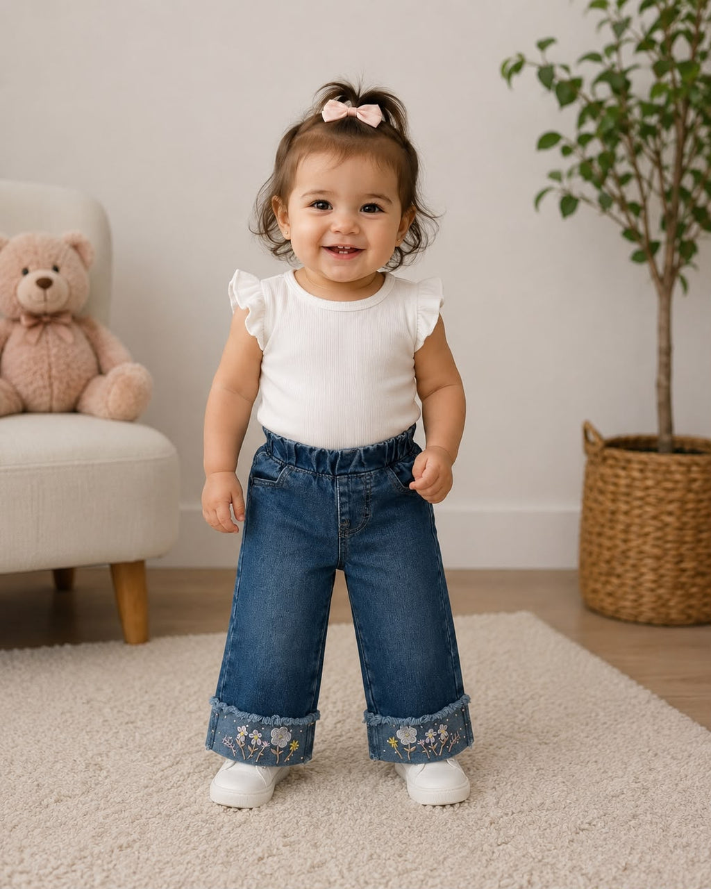 🌸 Pantalón de Mezclilla Wide Leg para Niña | Bordado Floral en Dobladillo | Cintura Elástica | Cómodo y Moderno