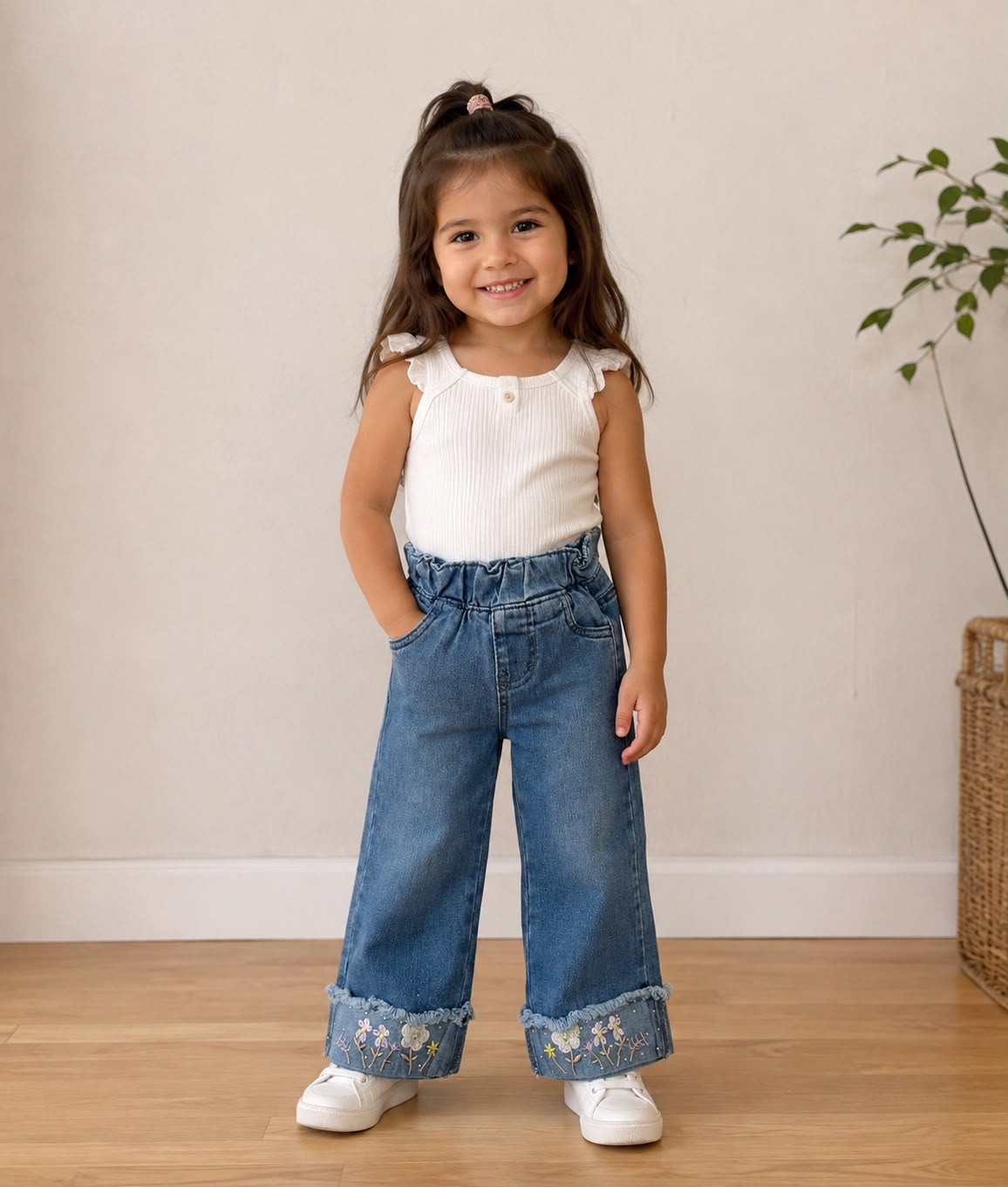 🌸 Pantalón de Mezclilla Wide Leg para Niña | Bordado Floral en Dobladillo | Cintura Elástica | Cómodo y Moderno