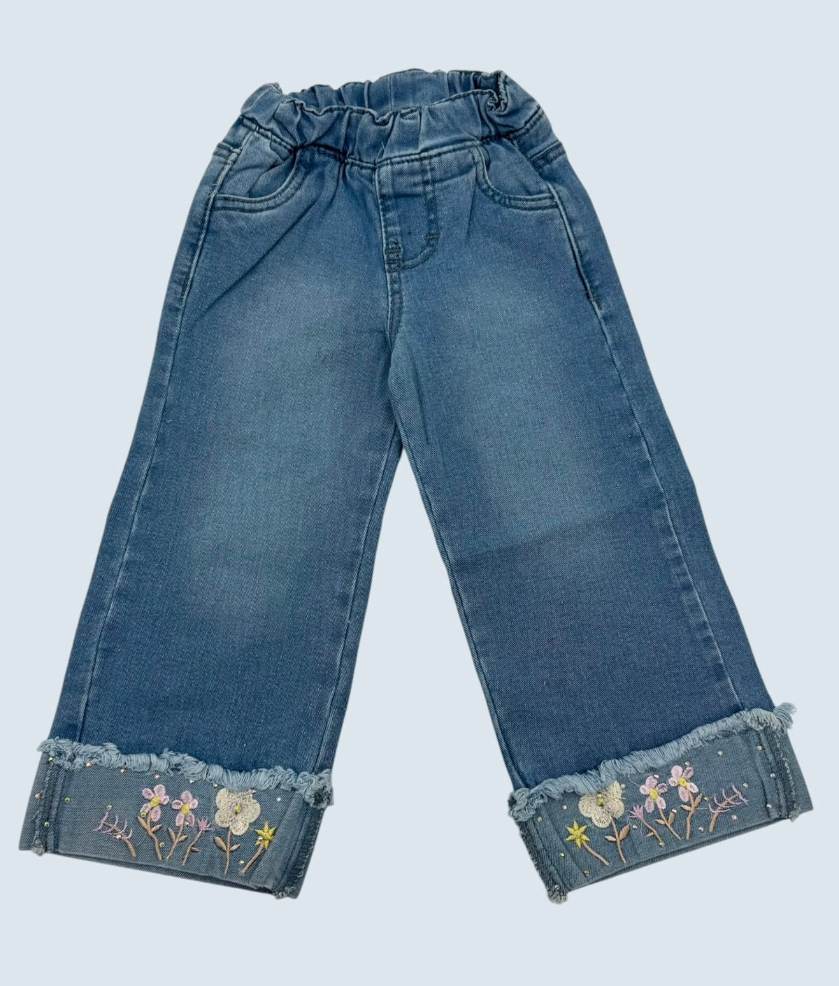 🌸 Pantalón de Mezclilla Wide Leg para Niña | Bordado Floral en Dobladillo | Cintura Elástica | Cómodo y Moderno