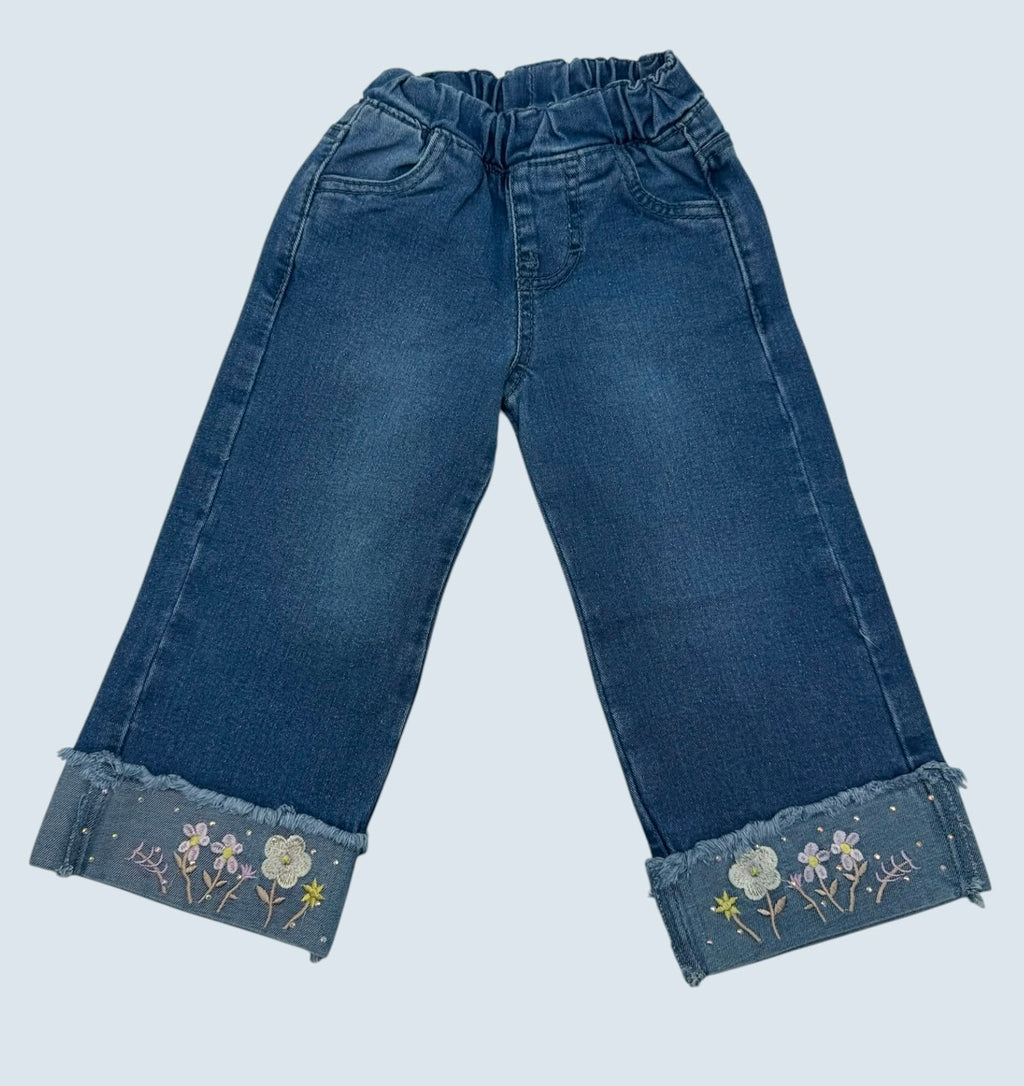 🌸 Pantalón de Mezclilla Wide Leg para Niña | Bordado Floral en Dobladillo | Cintura Elástica | Cómodo y Moderno