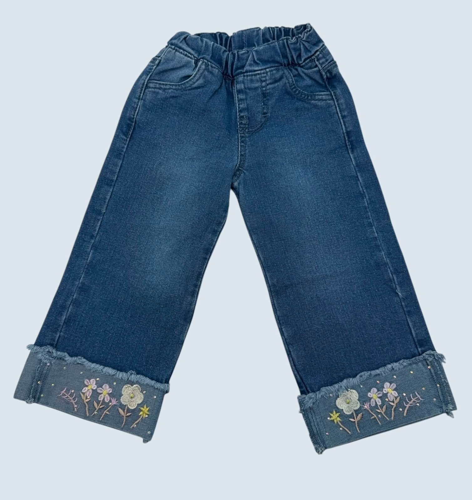 🌸 Pantalón de Mezclilla Wide Leg para Niña | Bordado Floral en Dobladillo | Cintura Elástica | Cómodo y Moderno