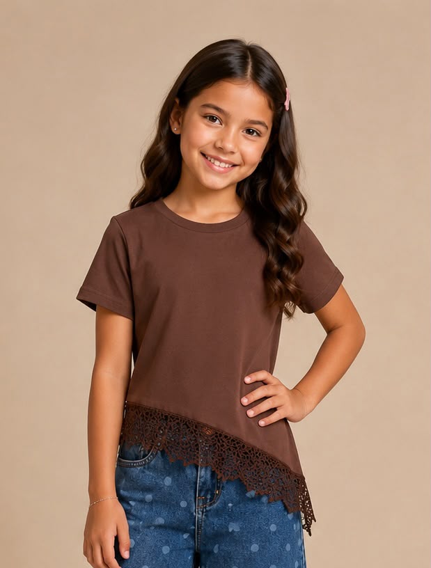 Playera para Niña con Encaje | Blusa Básica Manga Corta | Algodón Suave
