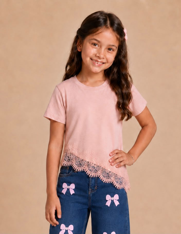 Playera para Niña con Encaje | Blusa Básica Manga Corta | Algodón Suave