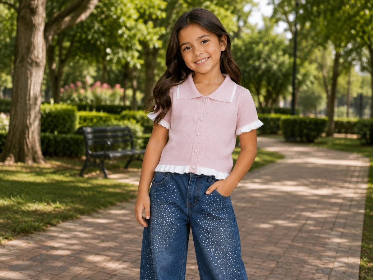 ✨ Blusa Tejida para Niña con Cuello Tipo Polo y Botones Perla | Manga Corta con Volantes