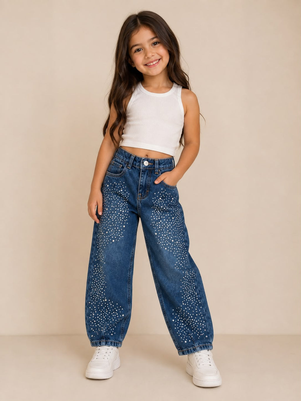 👖 Pantalón Jeans para Niña con Pedrería Brillante | Corte Baggy Wide Leg