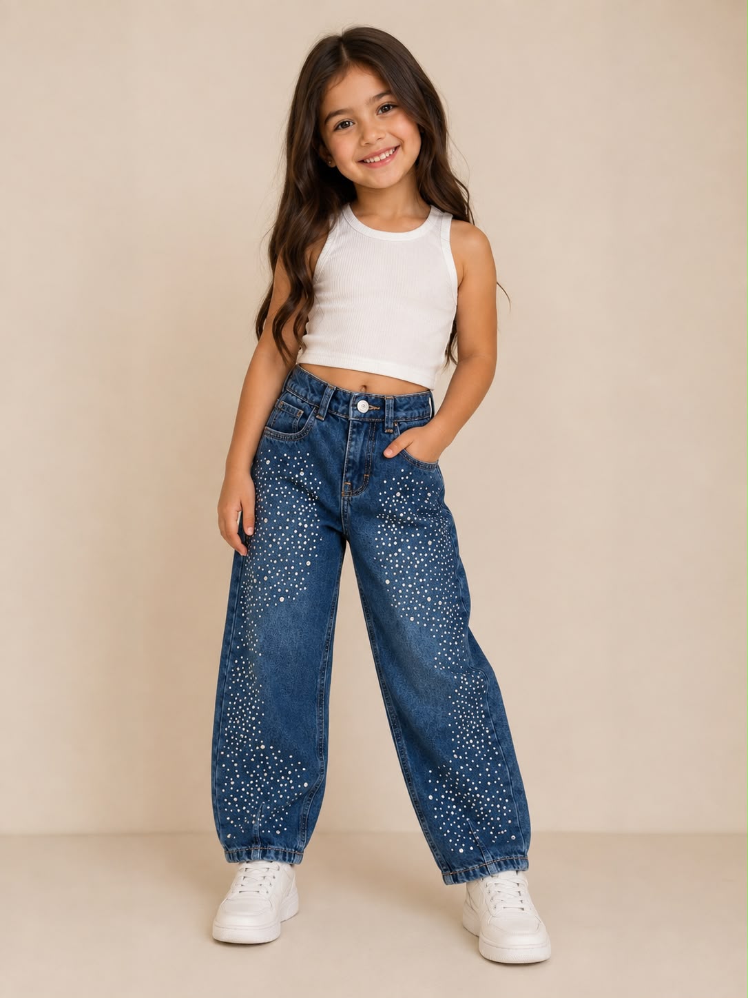 👖 Pantalón Jeans para Niña con Pedrería Brillante | Corte Baggy Wide Leg