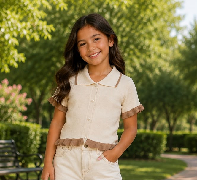 ✨ Blusa Tejida para Niña con Cuello Tipo Polo y Botones Perla | Manga Corta con Volantes
