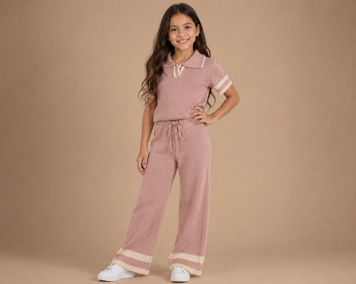 Conjunto Tejido para Niña 2 Piezas | Blusa Tipo Polo + Pantalón Wide Leg ✨
