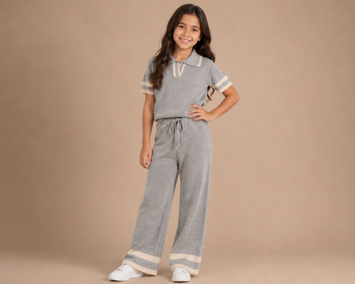 Conjunto Tejido para Niña 2 Piezas | Blusa Tipo Polo + Pantalón Wide Leg ✨