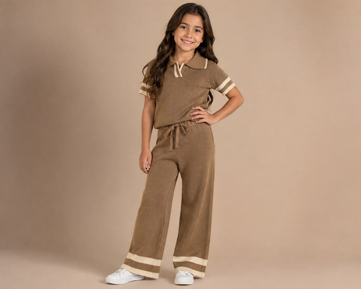 Conjunto Tejido para Niña 2 Piezas | Blusa Tipo Polo + Pantalón Wide Leg ✨