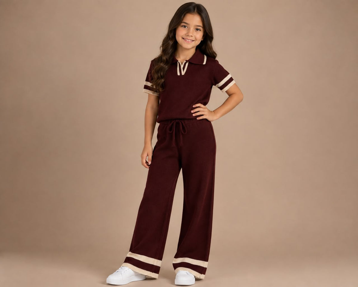 Conjunto Tejido para Niña 2 Piezas | Blusa Tipo Polo + Pantalón Wide Leg ✨