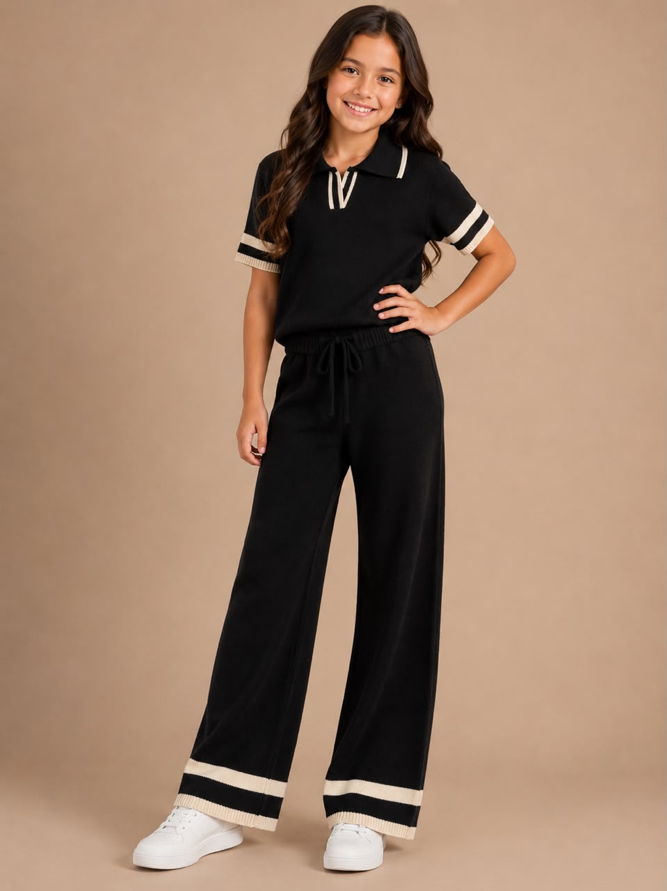 Conjunto Tejido para Niña 2 Piezas | Blusa Tipo Polo + Pantalón Wide Leg ✨