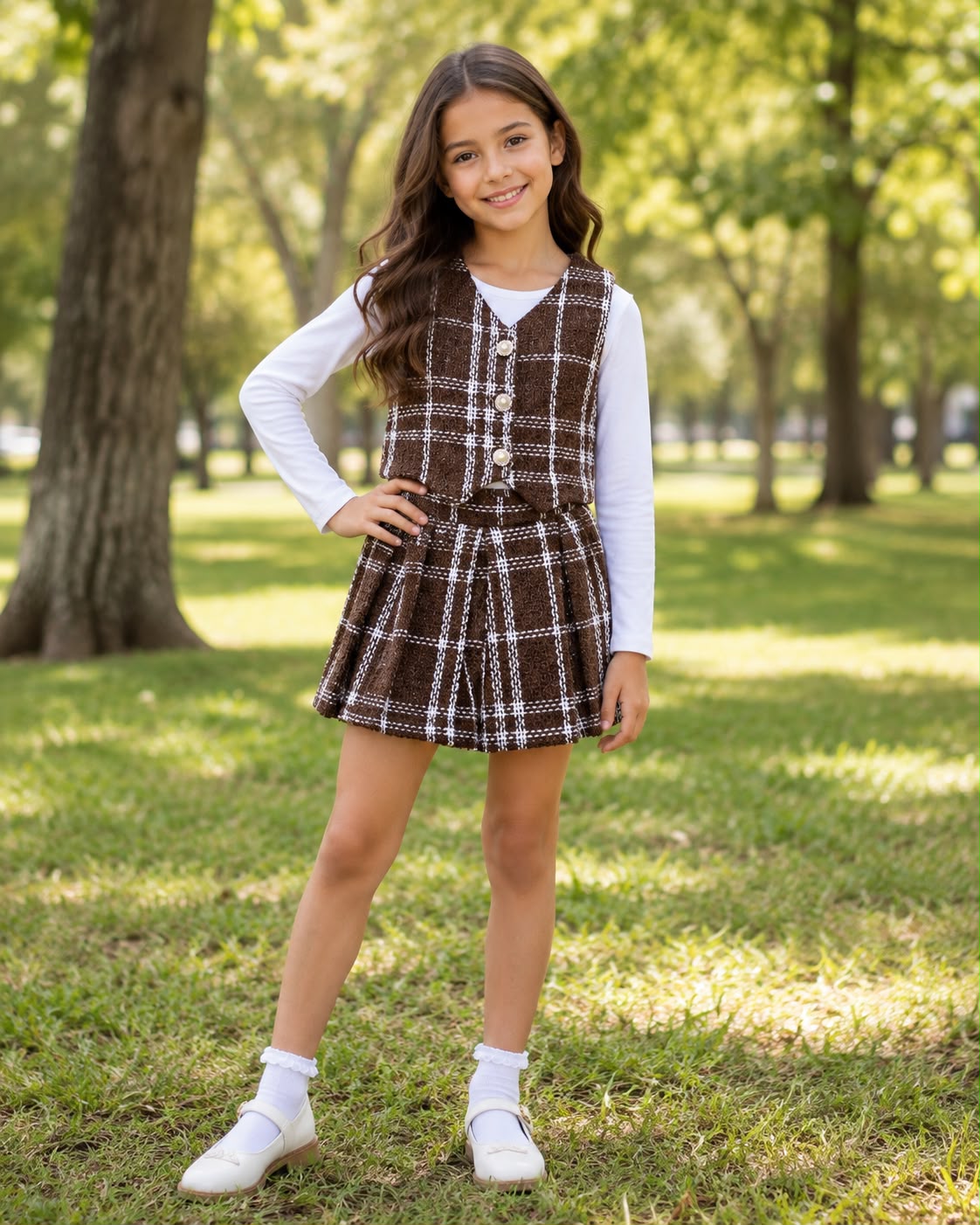 Conjunto para Niña de Chaleco y Falda Plisada a Cuadros | Outfit Elegante 3 Piezas