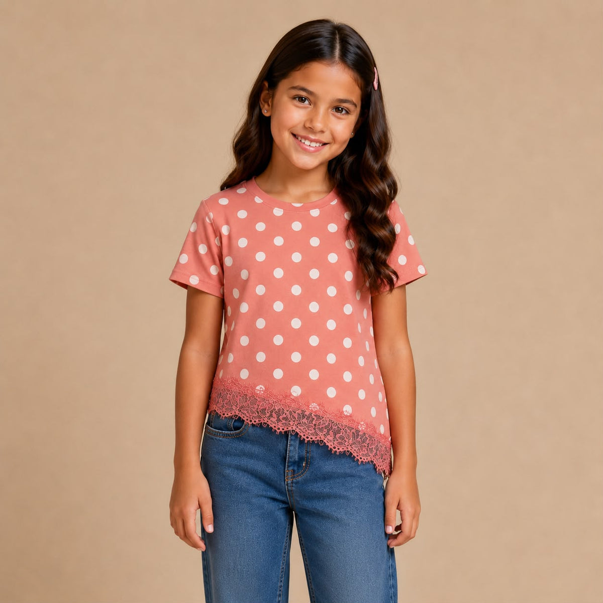 Blusa para Niña de Lunares con Encaje | Manga Corta y Corte Asimétrico