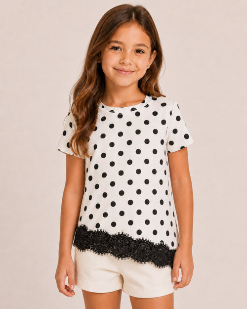 Blusa para Niña de Lunares con Encaje | Manga Corta y Corte Asimétrico
