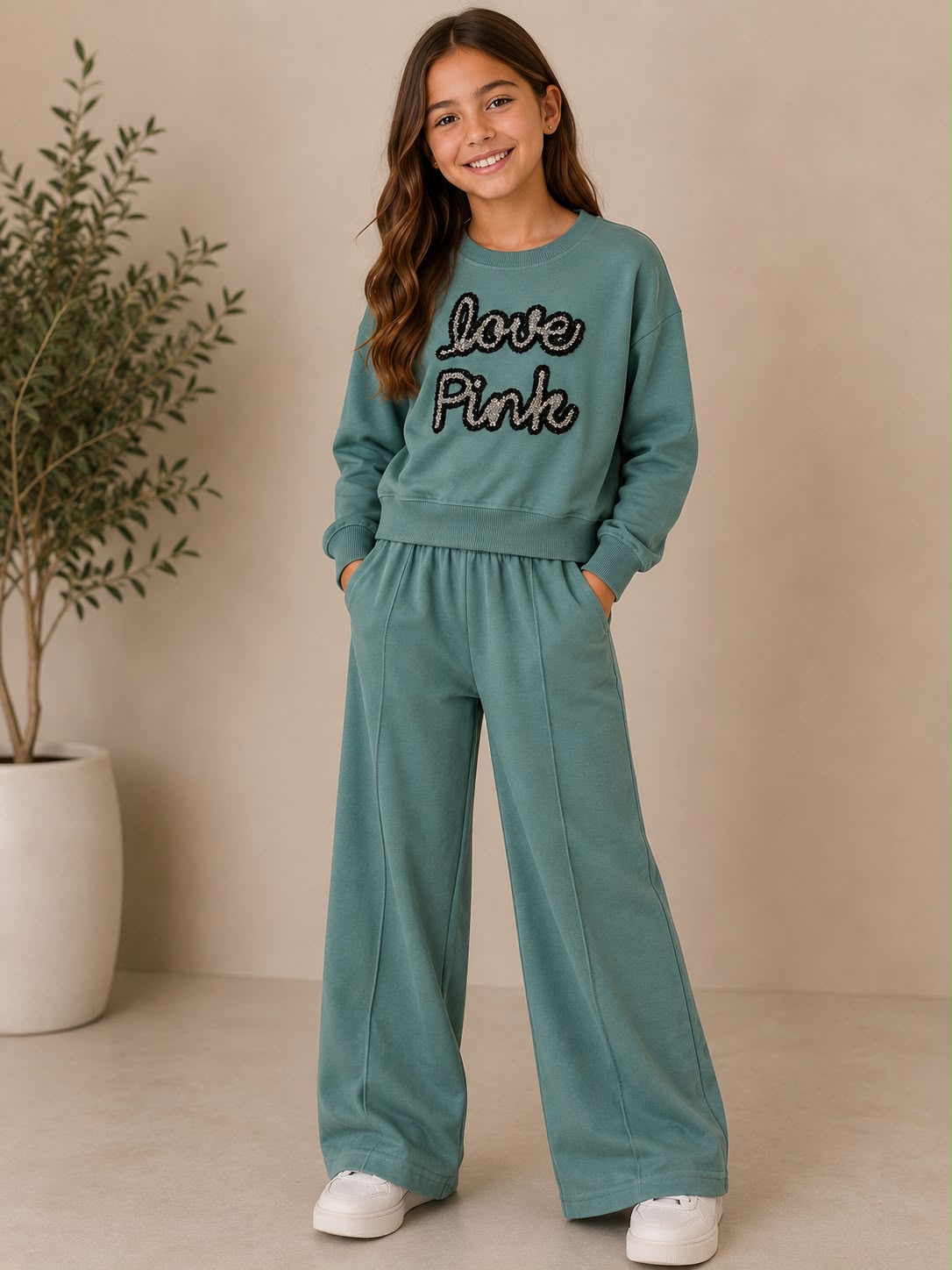 Conjunto Deportivo para Niña Love Pink | Sudadera y Pantalón Wide Leg