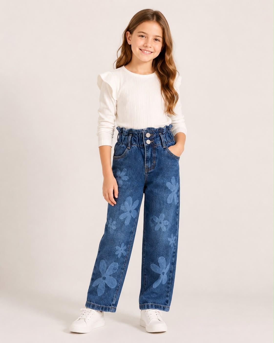 Pantalón Baggy / Mom Jeans para Niña – Cintura Alta Elástica Paperbag, Estilo Moda Infantil