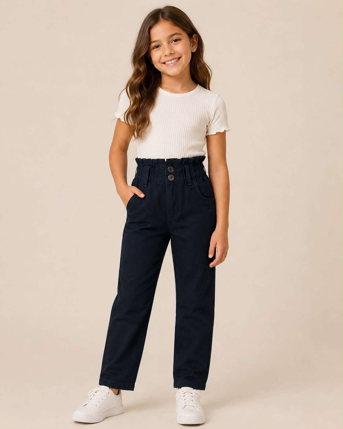 Pantalón Baggy / Mom Jeans para Niña – Cintura Alta Elástica Paperbag, Estilo Moda Infantil