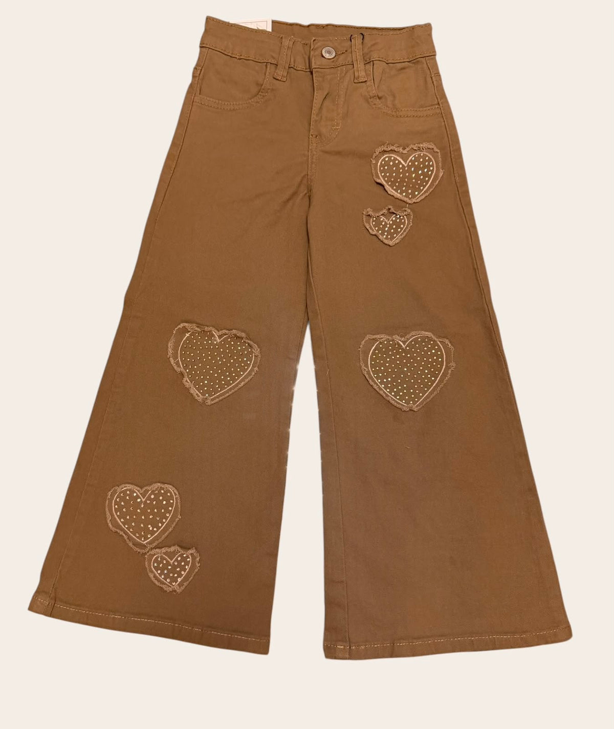 Pantalón Wide Leg para Niña con Corazones y Brillos – Color Café