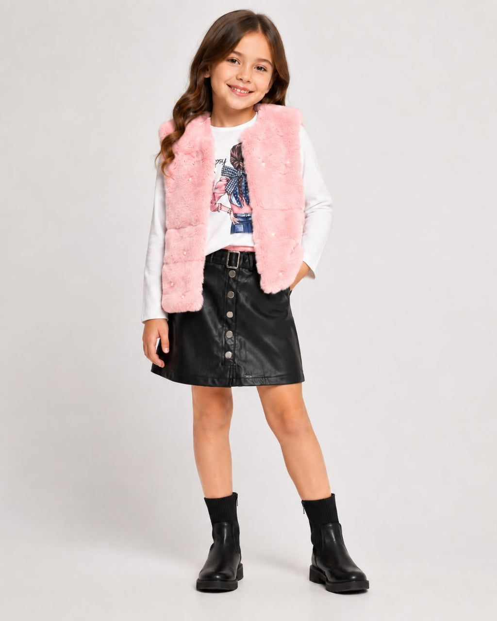 Conjunto 3 Piezas para Niña | Chaleco de Peluche + Blusa Manga Larga + Falda Tipo Pie