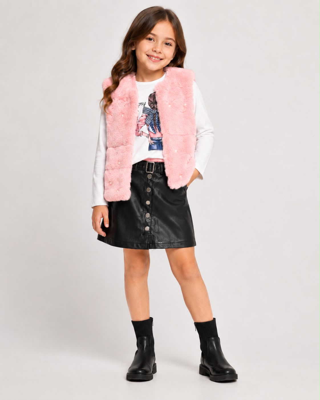 Conjunto 3 Piezas para Niña | Chaleco de Peluche + Blusa Manga Larga + Falda Tipo Pie