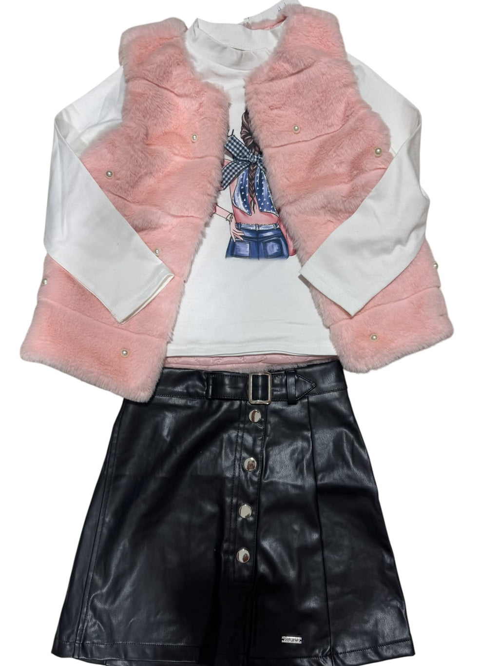 Conjunto 3 Piezas para Niña | Chaleco de Peluche + Blusa Manga Larga + Falda Tipo Pie