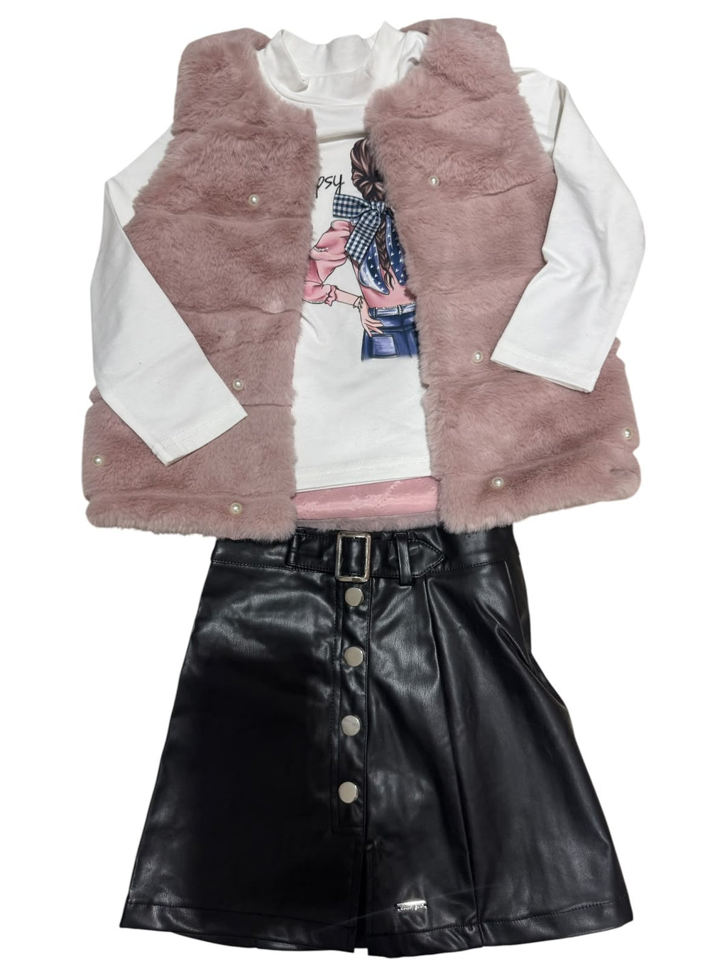Conjunto 3 Piezas para Niña | Chaleco de Peluche + Blusa Manga Larga + Falda Tipo Pie