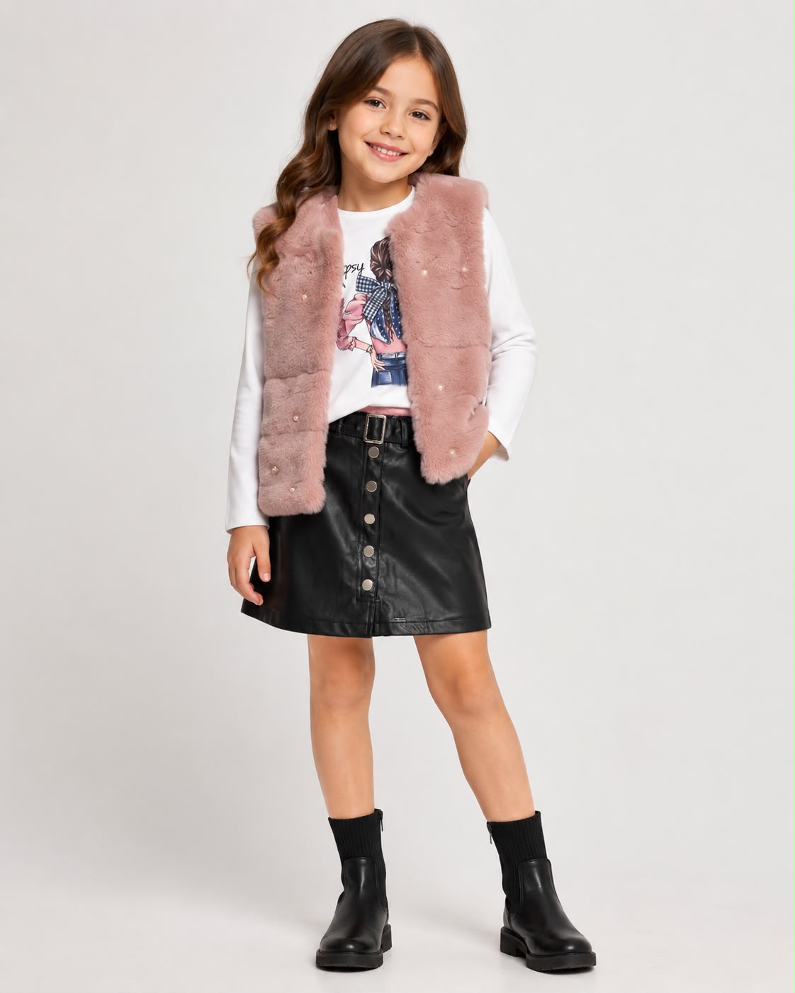 Conjunto 3 Piezas para Niña | Chaleco de Peluche + Blusa Manga Larga + Falda Tipo Pie