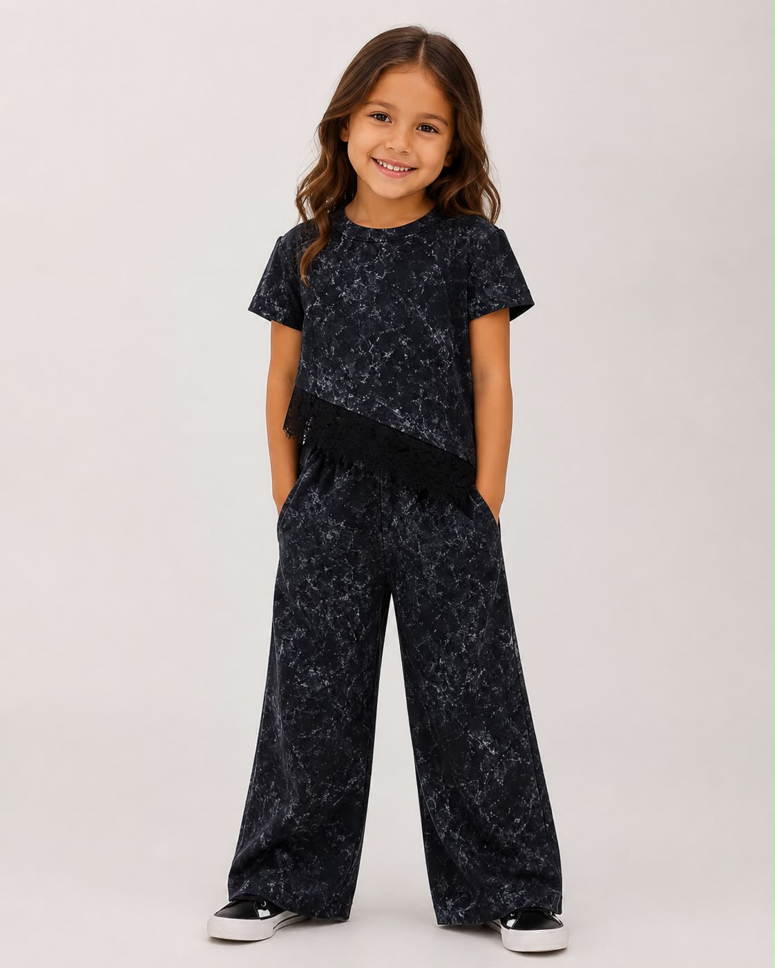 Conjunto Tie-Dye Marmoleado con Encaje para Niña 💖 Top Asimétrico + Pantalón Ancho