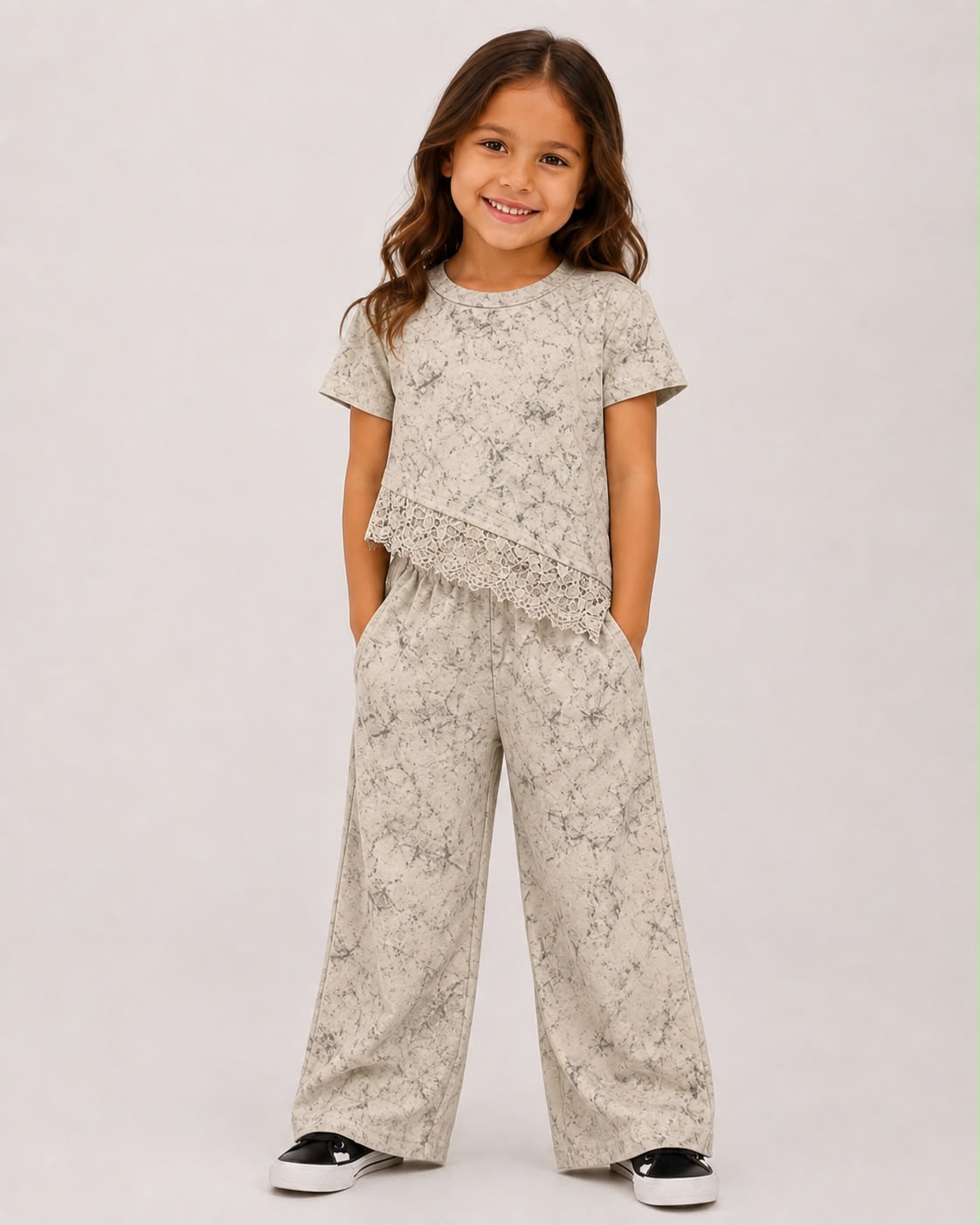 Conjunto Tie-Dye Marmoleado con Encaje para Niña 💖 Top Asimétrico + Pantalón Ancho