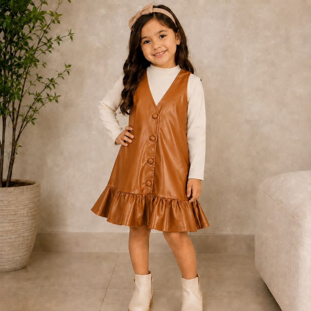 Vestido Tipo Piel para Niña con Blusa Manga Larga | 4 Colores ✨