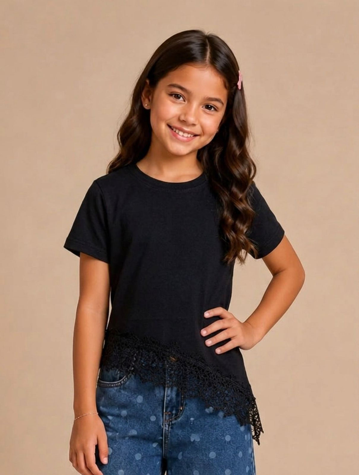 Playera para Niña con Encaje | Blusa Básica Manga Corta | Algodón Suave