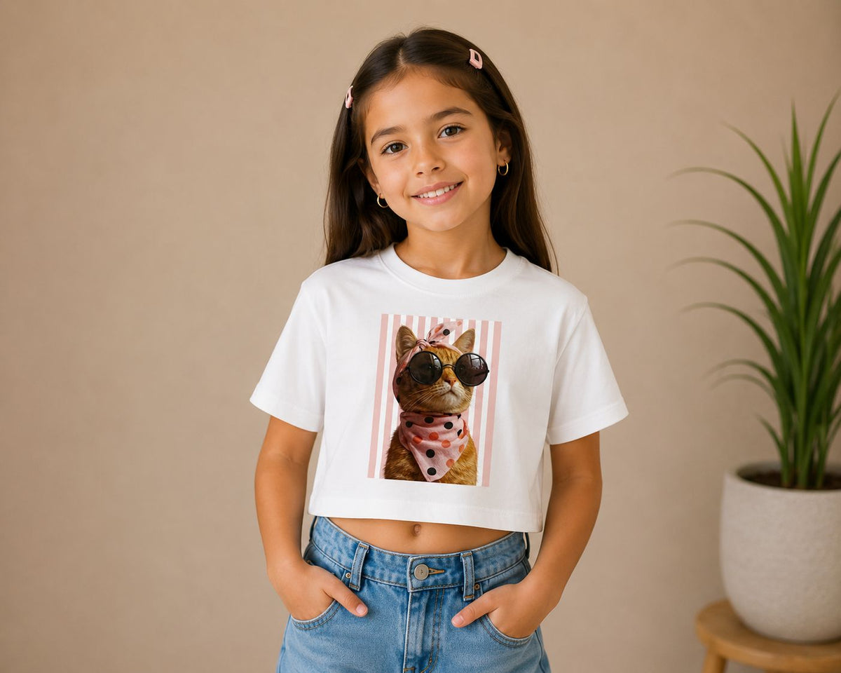 Playera Crop Top Niña Estampa Gatito Cool Moda Infantil