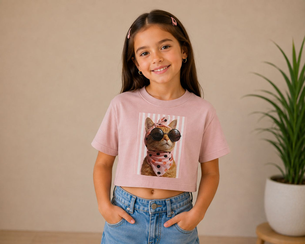 Playera Crop Top Niña Estampa Gatito Cool Moda Infantil