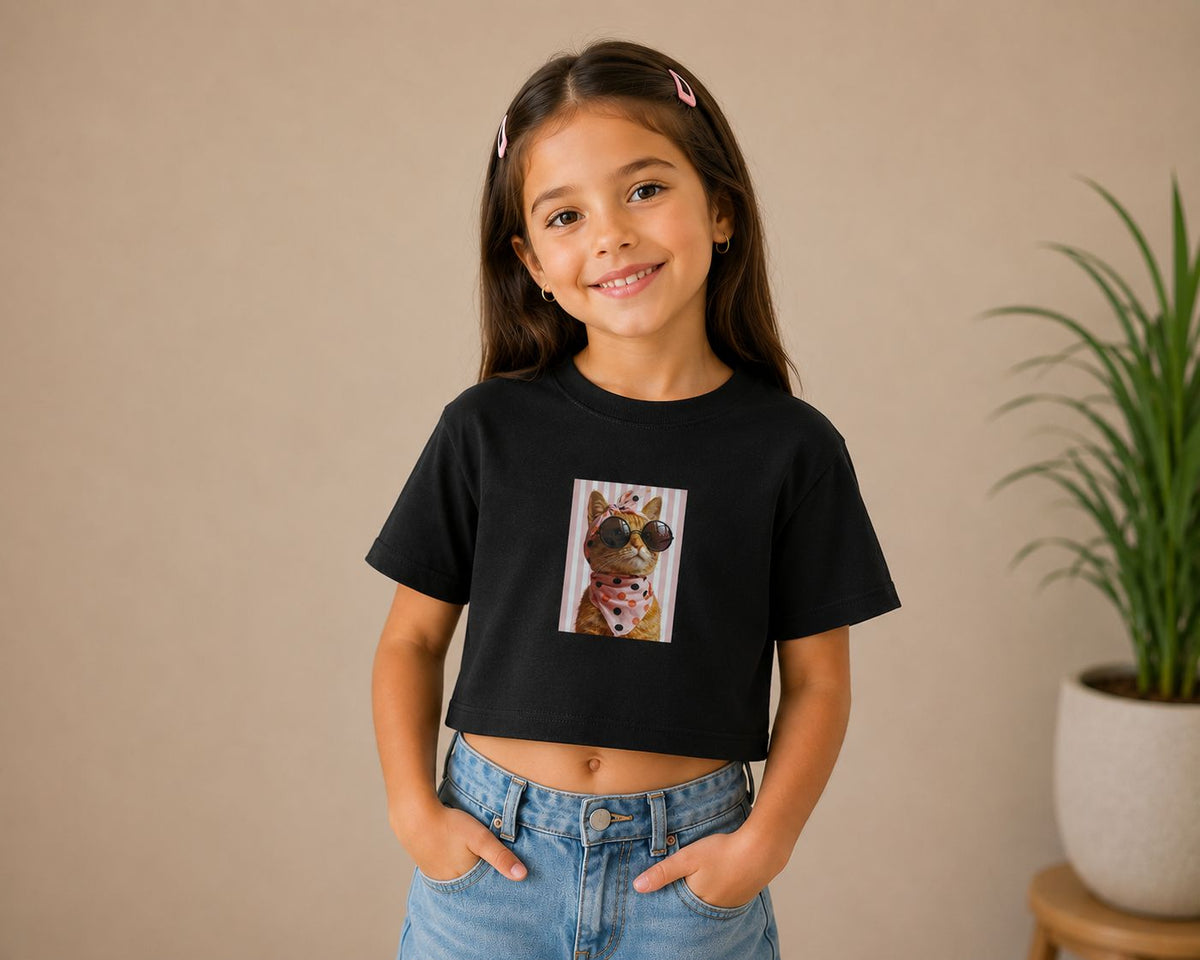 Playera Crop Top Niña Estampa Gatito Cool Moda Infantil