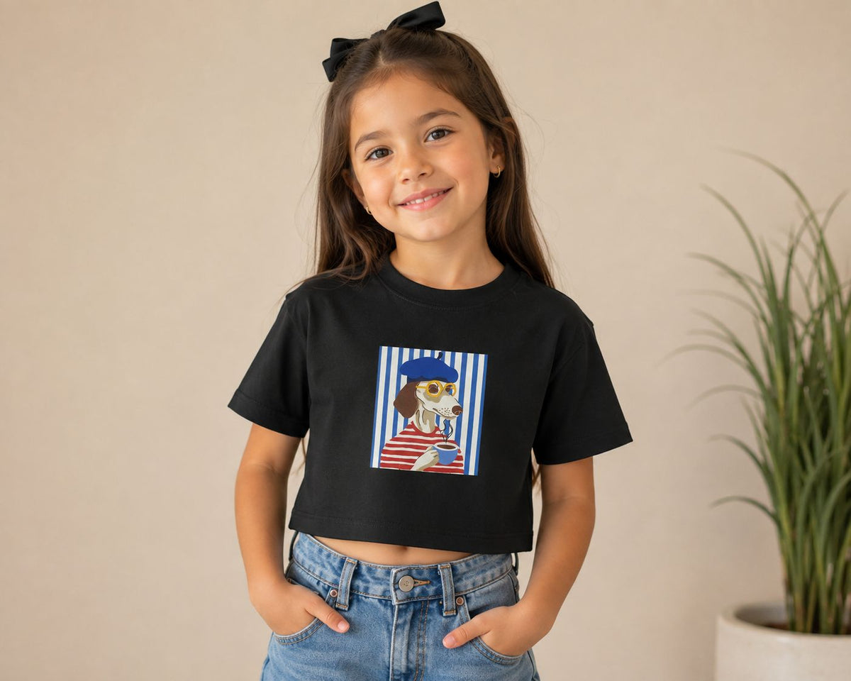 Playera Crop Top Niña Estampa Perrito Francés Parisino Algodón