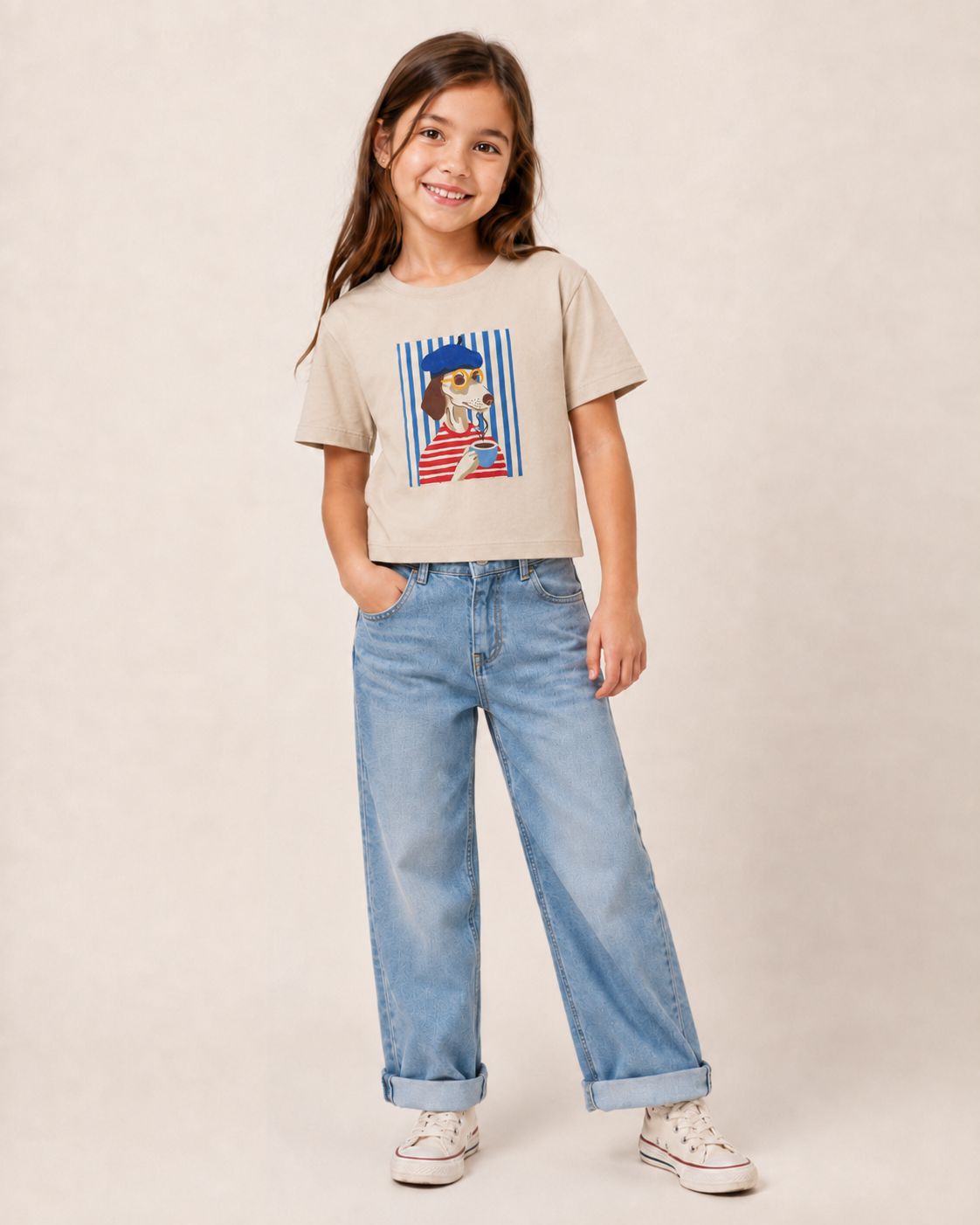 Playera Crop Top Niña Estampa Perrito Francés Parisino Algodón