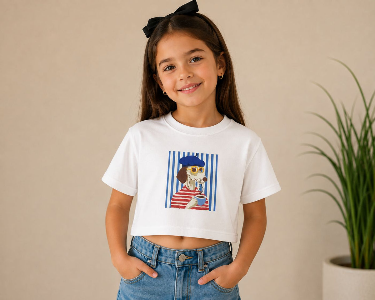 Playera Crop Top Niña Estampa Perrito Francés Parisino Algodón