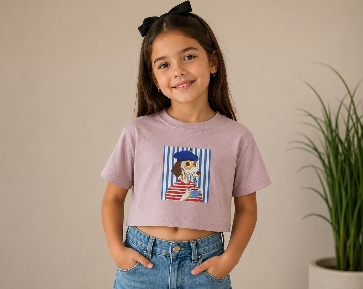 Playera Crop Top Niña Estampa Perrito Francés Parisino Algodón